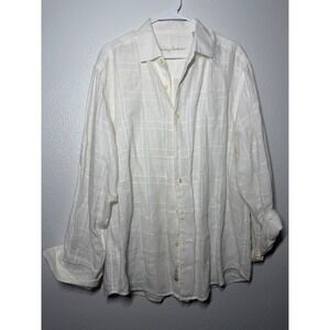 Tommy Bahama Mens White 100% Linen Dobby Grid Long Sleeve Button Down Shirt L